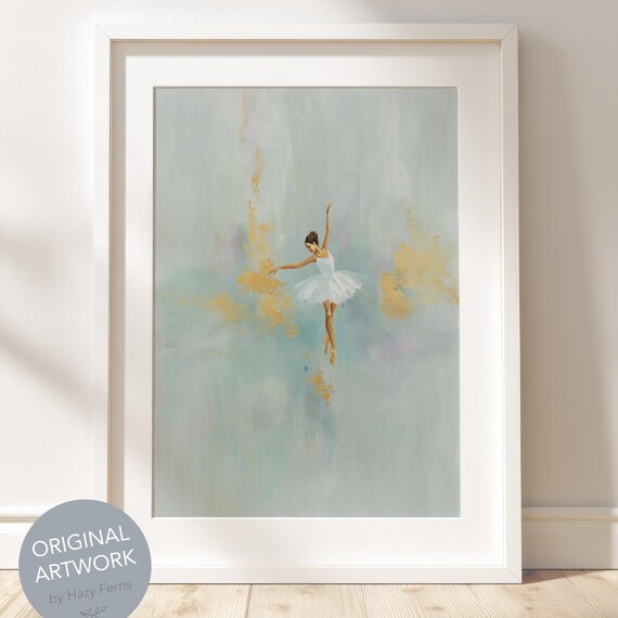 Ballerina Oil Painting Print Pastel Blue Gold Ballet Art