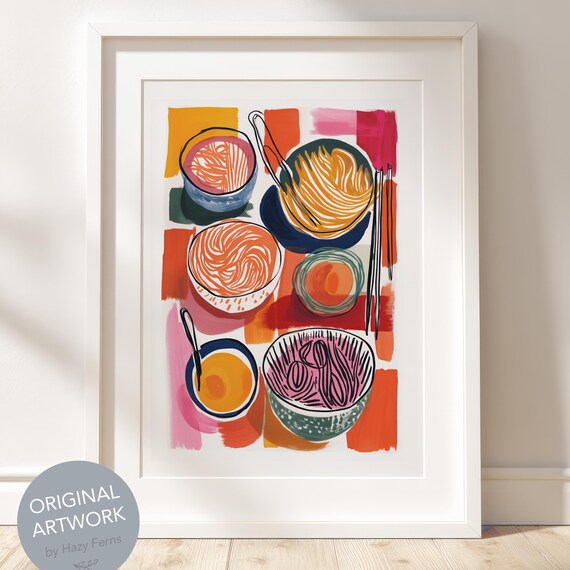 Ramen Bowl Gouache Painting Boho Kitchen Wall Art