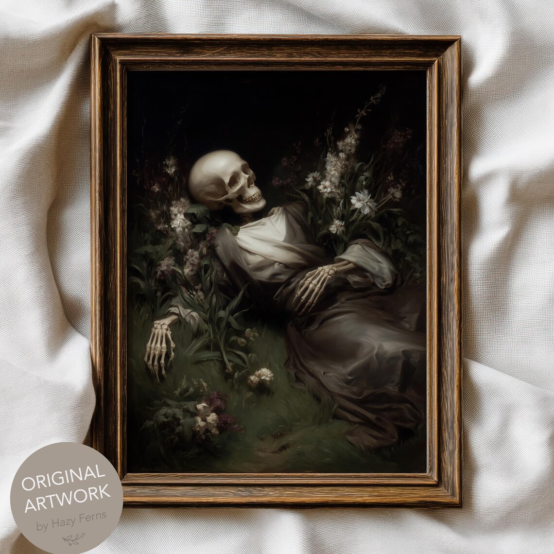 Ancient Skeleton In Meadow Grass Dark Academia Gothic Fine Art Print