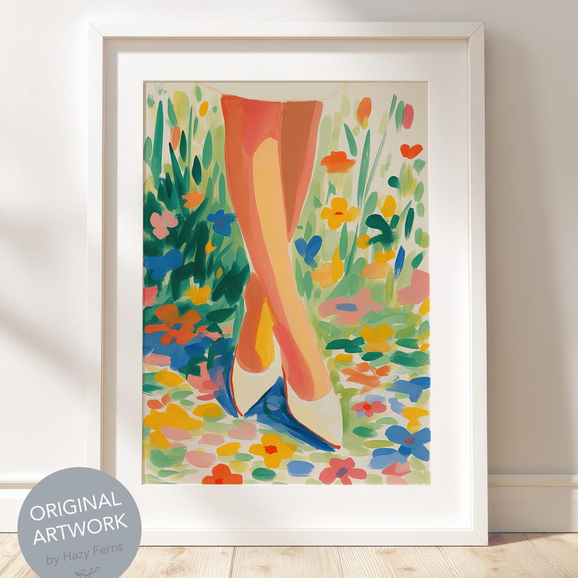 Woman Legs in Blooming Wildflower Garden Gouache Fine Art Print
