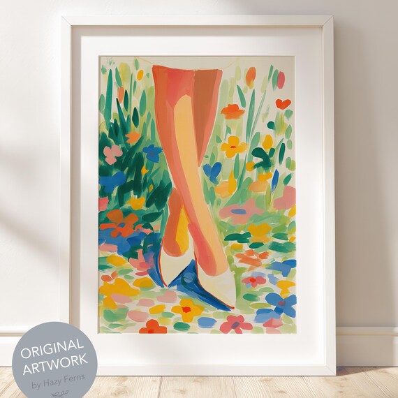 Woman Legs in Blooming Wildflower Garden Gouache Fine Art Print