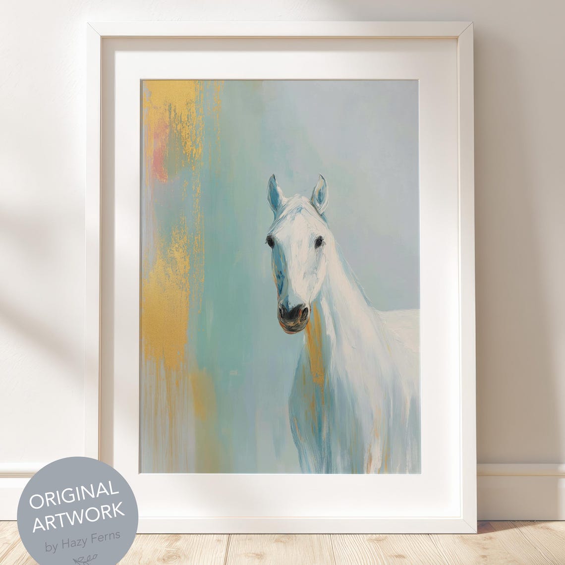 White Horse Portrait Pastel Blue Gold Abstract Equestrian Print