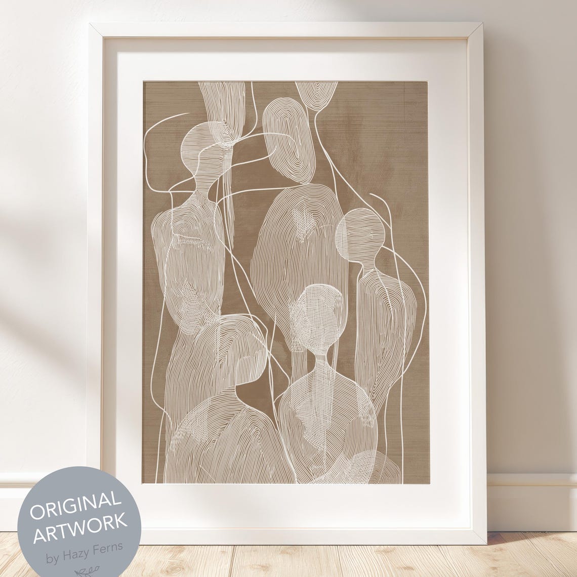 Neutral Boho White Line Figures Print Taupe Minimalist Modern Art