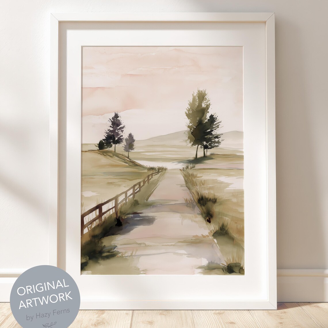Watercolor Countryside Path Print Rustic Fence Soft Blush Landscape