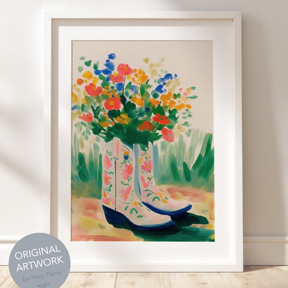 Floral Embroidered Cowboy Boots Wildflower Gouache Art Print