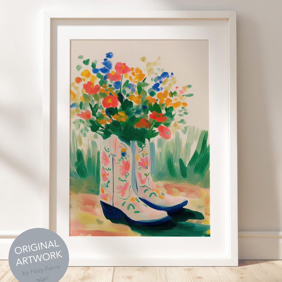 Floral Embroidered Cowboy Boots Wildflower Gouache Art Print