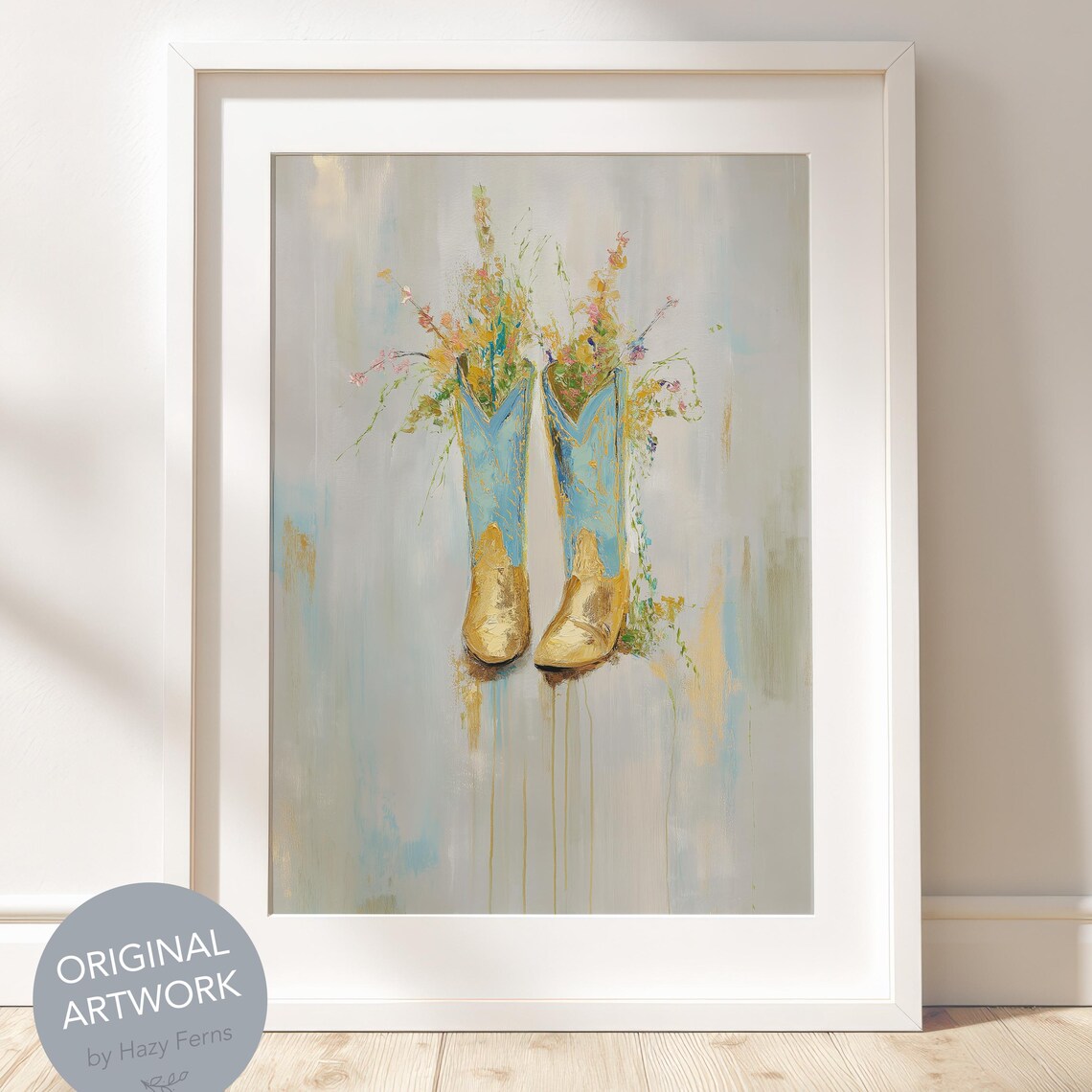 Cowboy Boots Wildflowers Blue Gold Vintage Western Oil Wall Art
