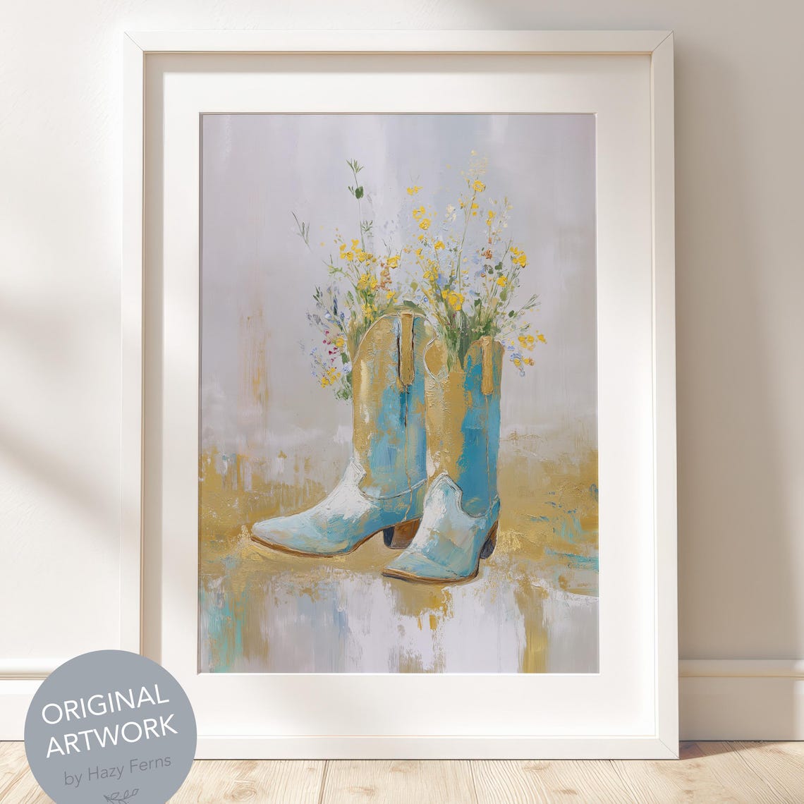 Blue Gold Cowboy Boots With Wildflowers Rustic Oil Painting Print