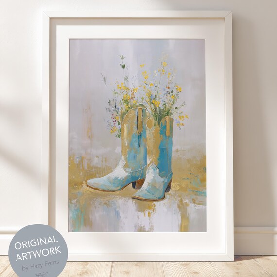 Blue Gold Cowboy Boots With Wildflowers Rustic Oil Painting Print