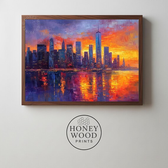 Moody New York City Skyline At Sunset Dramatic Urban Landscape Art Vibrant Reflection Colorful Wall Decor 84