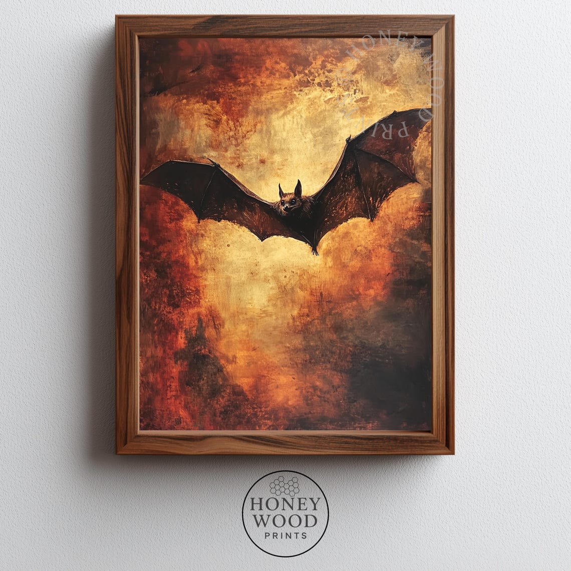 Flying Bat at Dusk Moody Dark Amber Oil Painting Gothic Wall Art