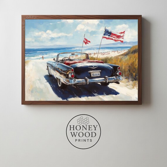 Vintage Convertible Sandy Beach Retro Americana Summer Art Poster