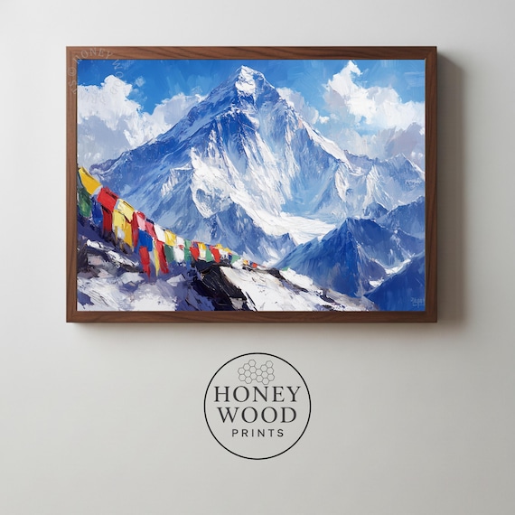 Mount Everest Prayer Flags Snow Capped Peak Himalayan Oil Painting Poster