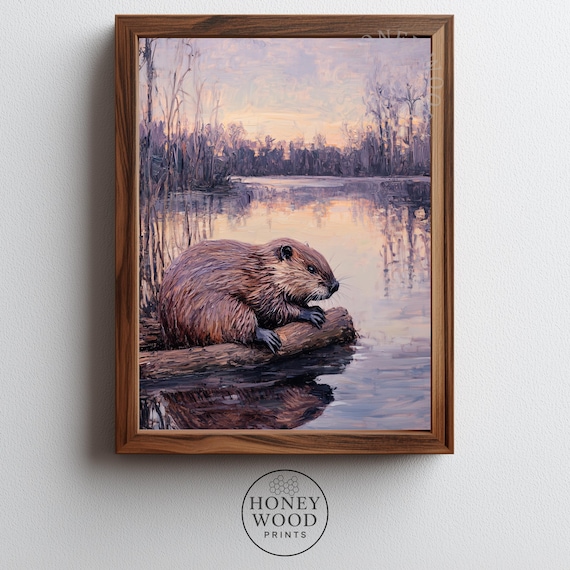 Moody Beaver Building Dam At Dusk Rustic Nature Art Wildlife Landscape Earthy Colors Tranquil Wall Decor 1