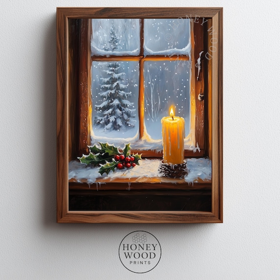 Glowing Candle on Frosted Windowsill Snowy Night Oil Painting Print