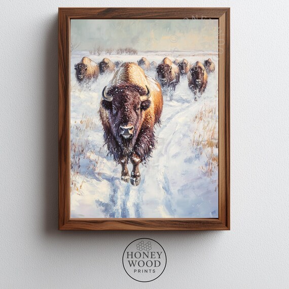Rustic Winter Bison Herd Painting Moody Wildlife Landscape Art Prairie Scene Farmhouse Wall Decor 280