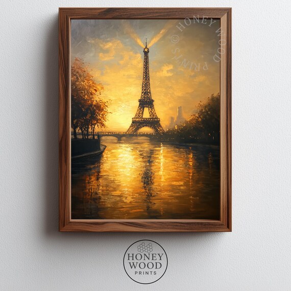 Romantic Parisian Sunrise Moody Eiffel Tower Painting Vintage Wall Art Autumn Colors Golden Morning Light 203