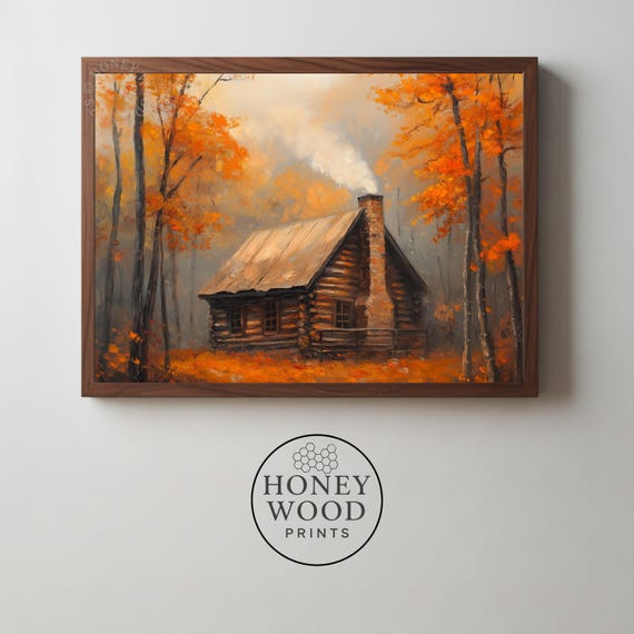 Rustic Cabin In Fiery Maple Grove Cozy Autumn Landscape Art Fall Wall Decor Farmhousefriendly 20