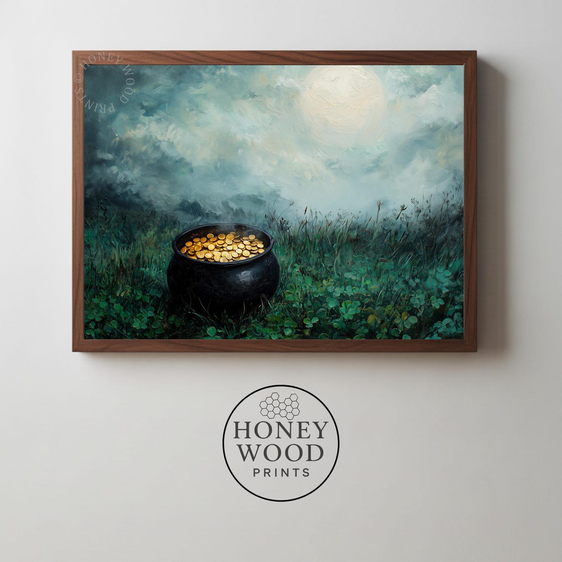 Moody Cauldron With Glowing Coins Spooky Fantasy Halloween Wall Art Dark Atmosphere Landscape Night Meadow Full Moon 155