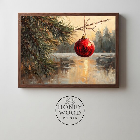 Red Christmas Ornament Pine Branch Snowy Lake Sunset Wall Art