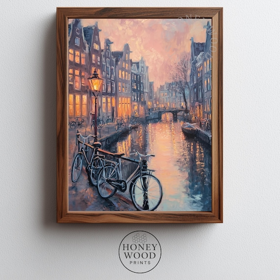 Vintage Amsterdam Canal Twilight Scene Moody Cityscape Art Cozy And Romantic City Glowing Streetlamp Reflections 257
