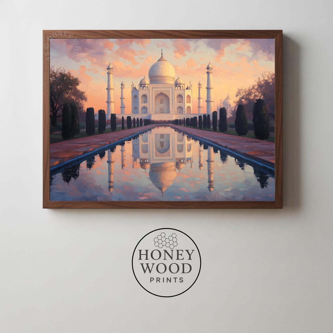 Taj Mahal Sunset Reflection Oil Painting India Landmark Wall Art