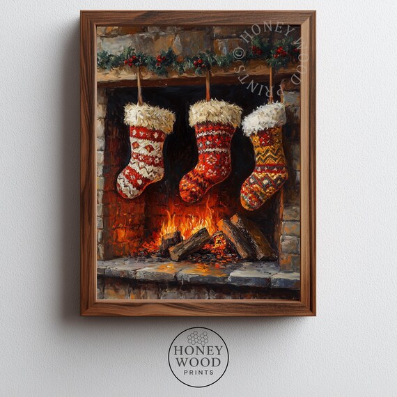 Rustic Christmas Stockings Over Roaring Fireplace Hearth Oil Painting Print