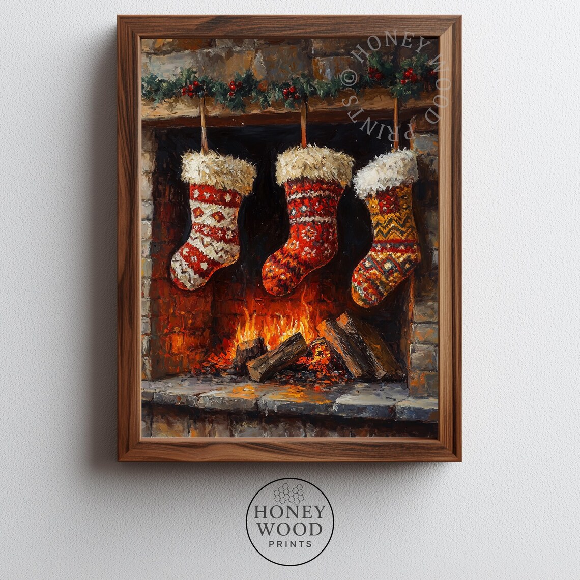 Rustic Christmas Stockings Over Roaring Fireplace Hearth Oil Painting Print