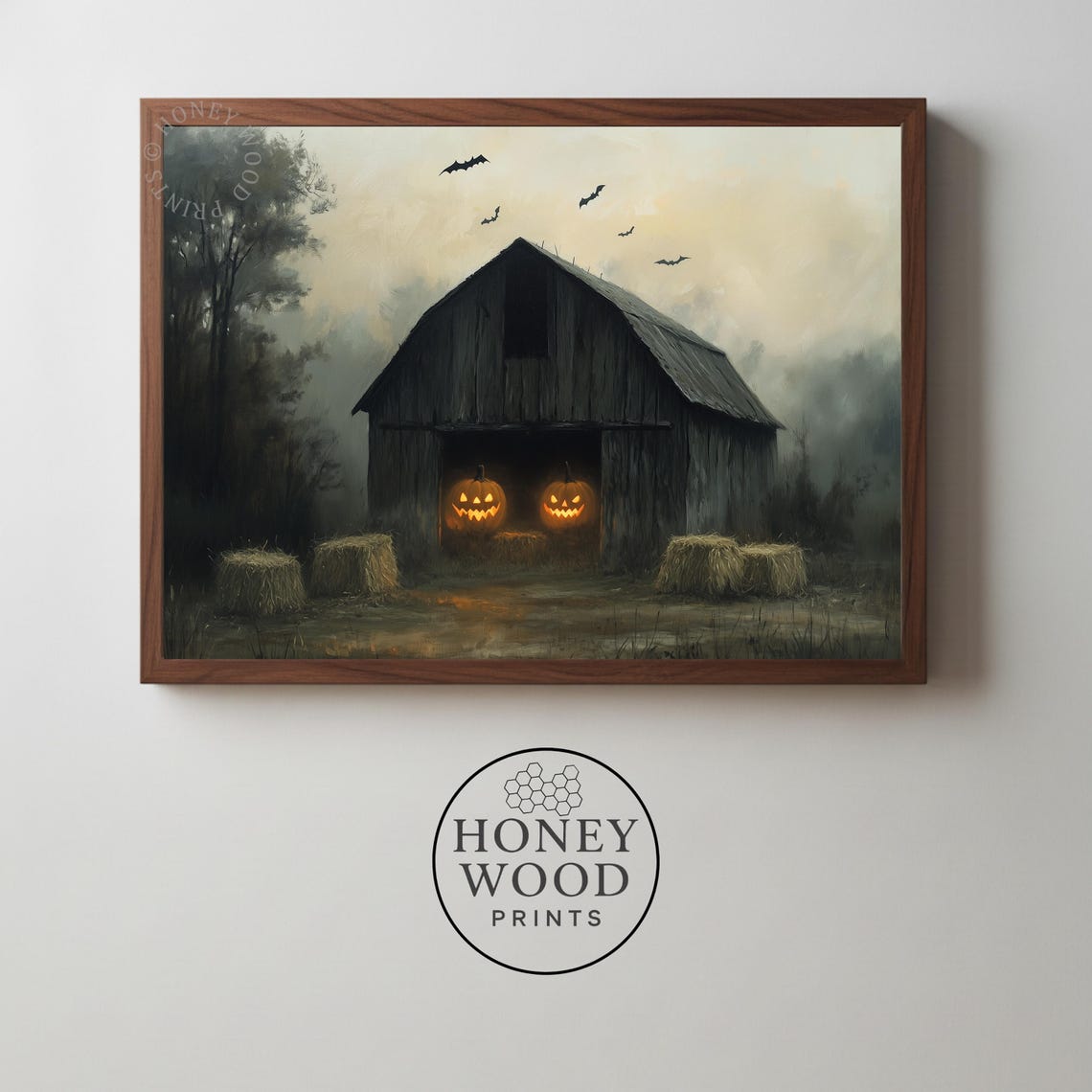 Rustic Spooky Barn With Jackolanterns Moody Halloween Farmhouse Art Vintage Autumn Scene Wall Decor 193