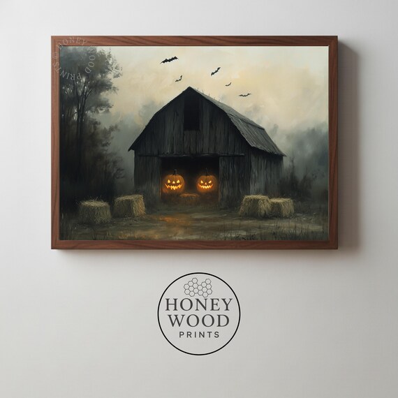 Rustic Spooky Barn With Jackolanterns Moody Halloween Farmhouse Art Vintage Autumn Scene Wall Decor 193