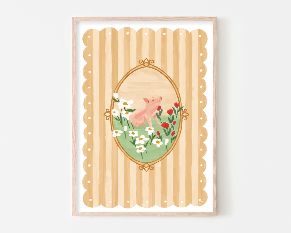 Baby Pig Cottage Core Nursery Decor, Boho Art Print