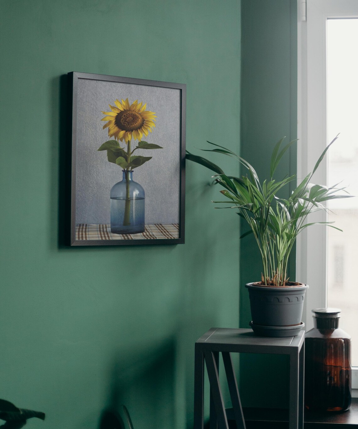 Sunflower In Blue Glass Vase, Minimalist Decor - Image 3