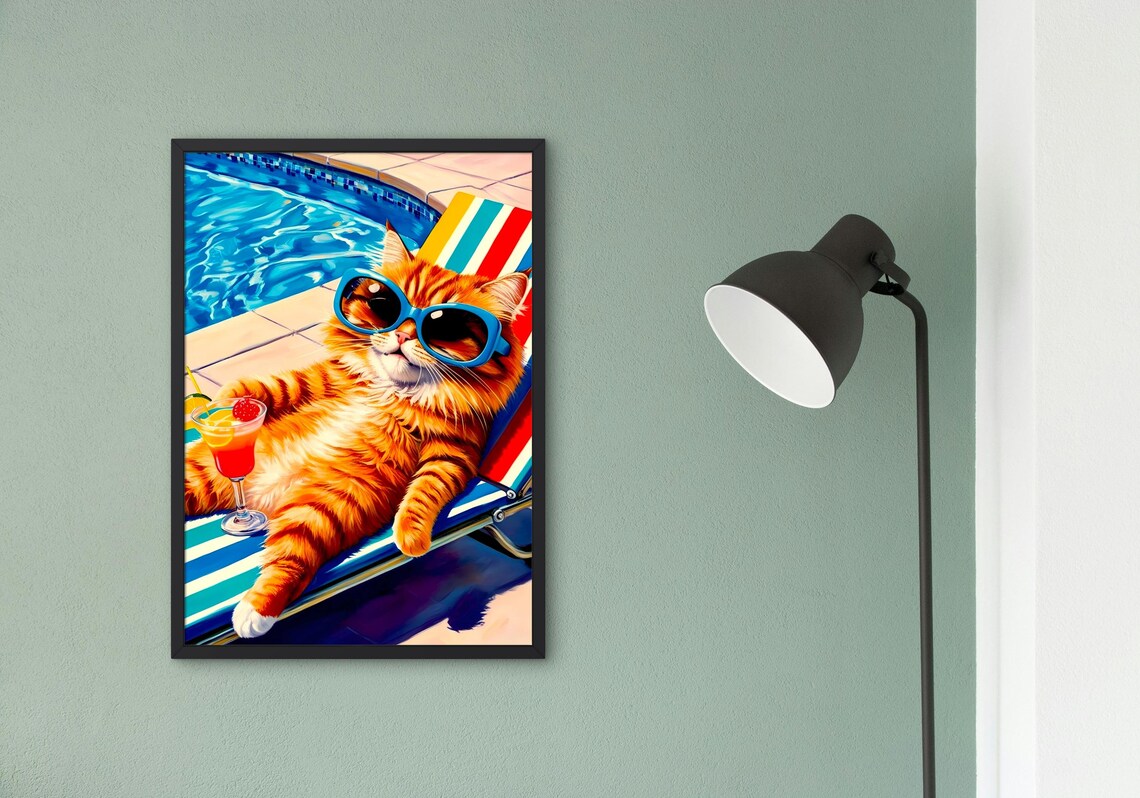 Poolside Cat Funny Summer Cat Art Print - Image 2