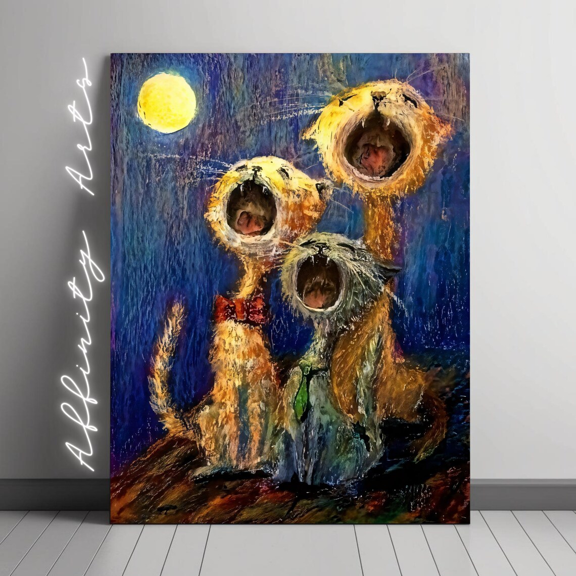 Surreal Cat Art Print, Whimsical Howling At The Moon