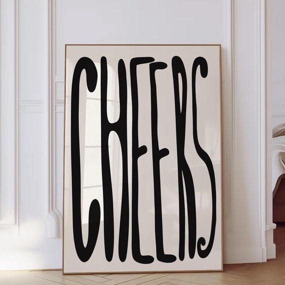 Cheers Print Bar Cart Prints Retro Bar Cart Wall Art Neutral Kitchen Wall Decor Vintage Typography