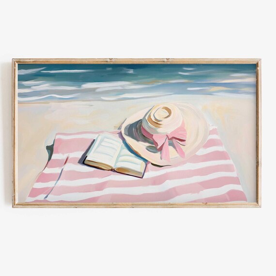 Pink Striped Beach Towel With Book And Sun Hat Summer Reading Poster