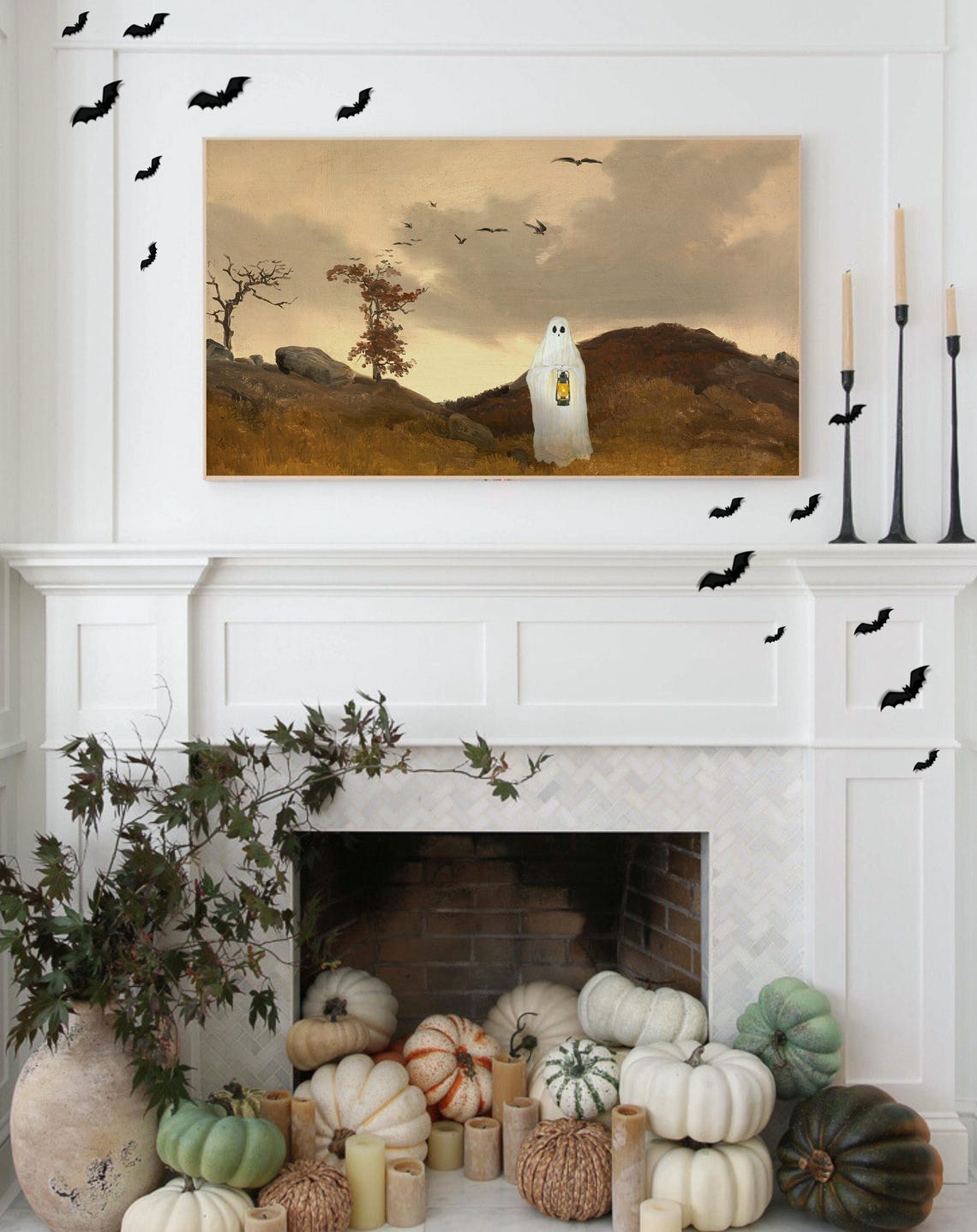 Sheet Ghost Holding Lantern On Autumn Hillside Moody Halloween Poster - Image 2