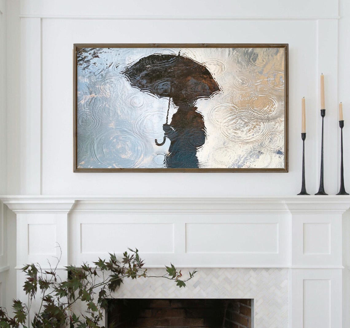 Umbrella Silhouette Rainy Day Puddle Ripples Moody Art Poster - Image 5