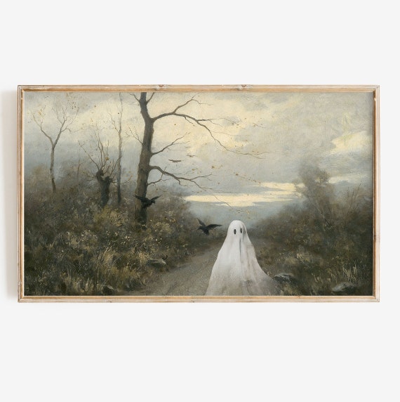 Halloween Ghost Painting Vintage Fall Landscape Art Print