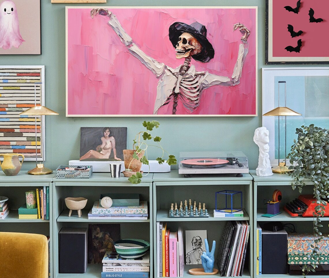 Pink Halloween Dancing Skeleton Pop Art Print - Image 3
