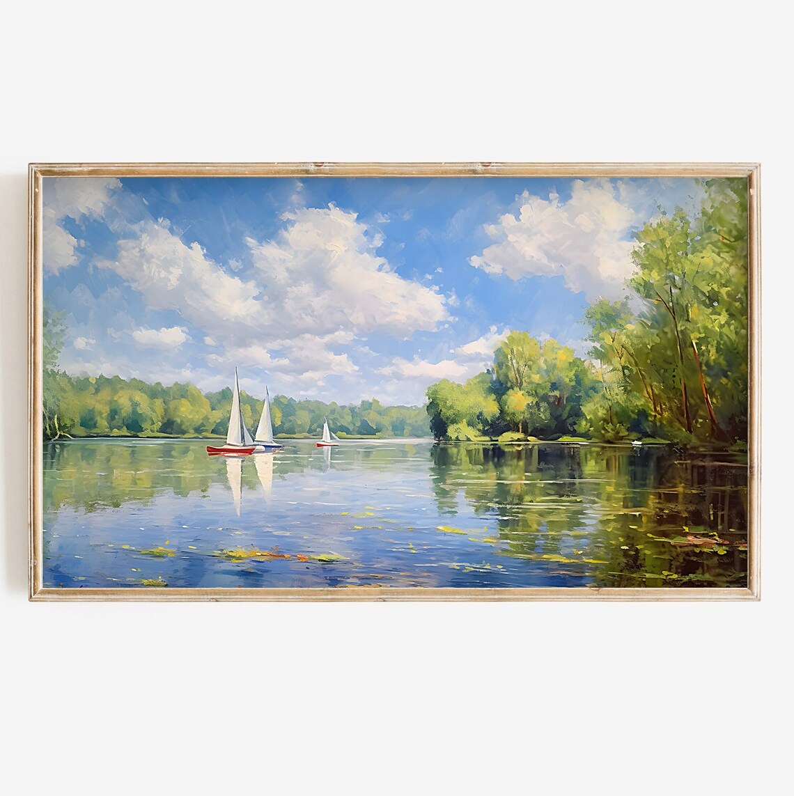 Summer Lake Painting Vintage Scenic Landscape Art