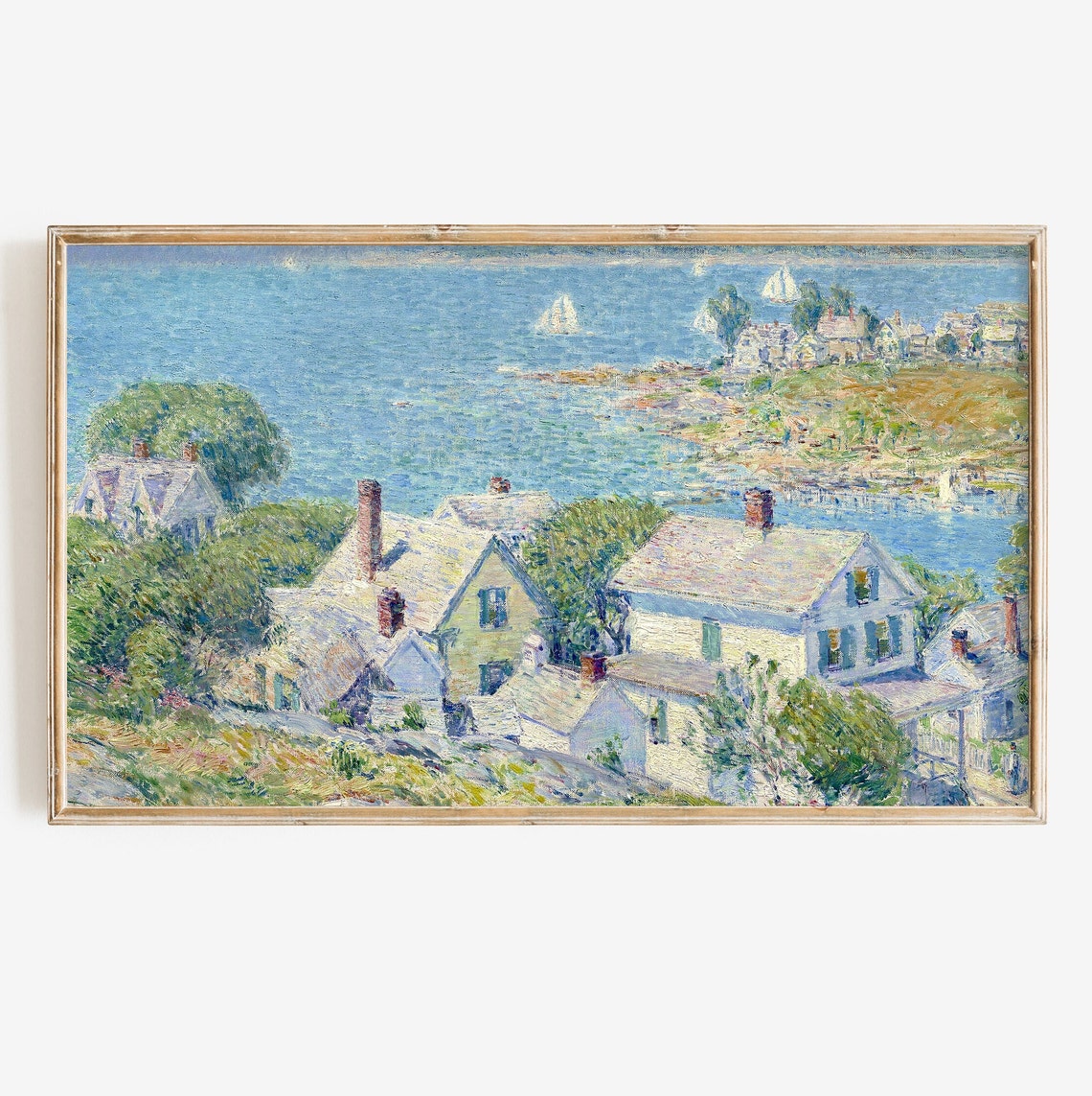 Impressionist Coastal Cottage Town With Sailboats Sunny Harbor Poster