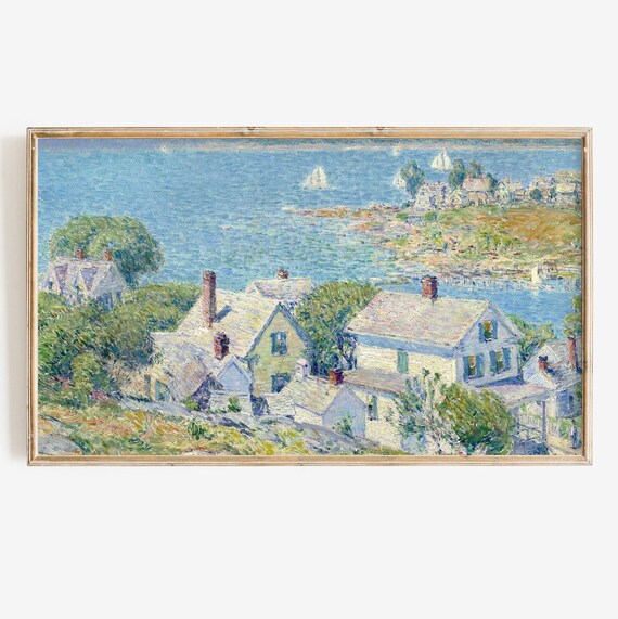 Impressionist Coastal Cottage Town With Sailboats Sunny Harbor Poster