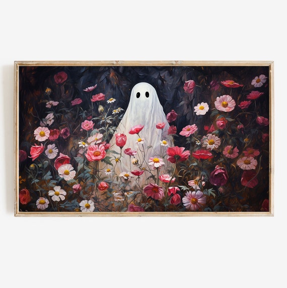 Halloween Botanical Ghost Painting, Cottagecore Boho Art
