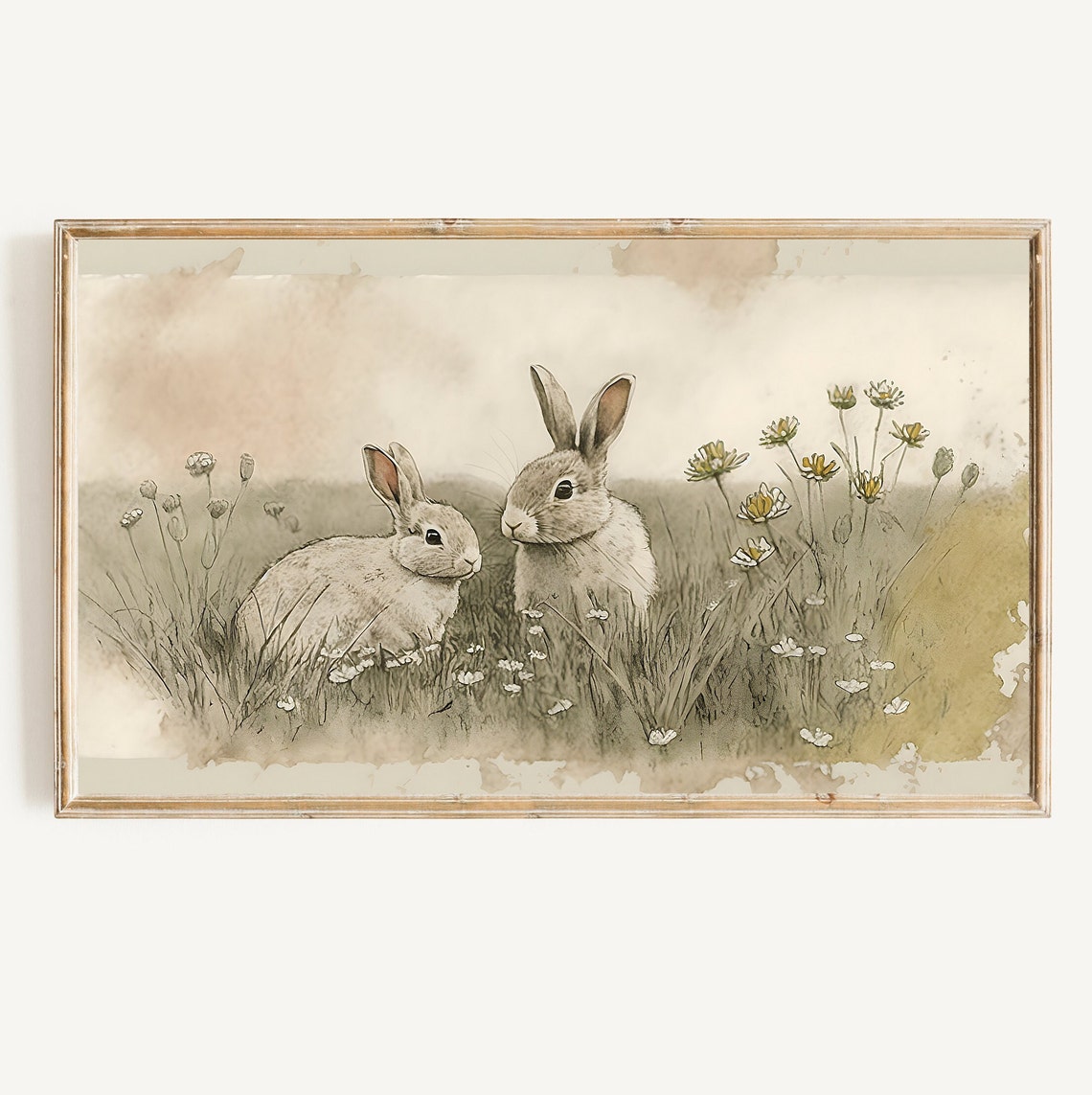 Watercolor Bunnies In Wildflowers Neutral Sketch Easter Art Poster
