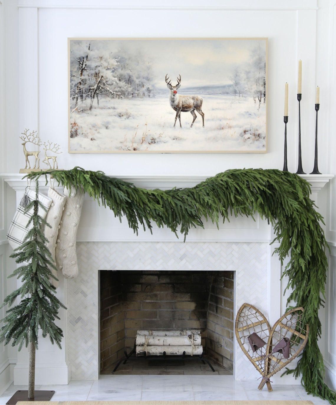 Vintage Christmas Reindeer Red Nose Snowy Winter Landscape Poster - Image 3