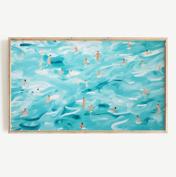 Abstract Turquoise Ocean With Tiny Swimmers Modern Pop Art Beach Poster