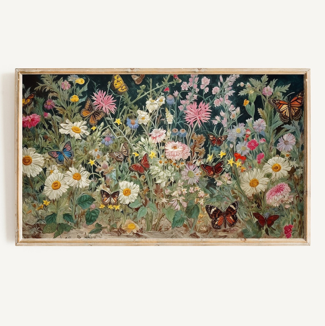 Wildflowers and Butterfly Garden, Dark Botanical Art Print