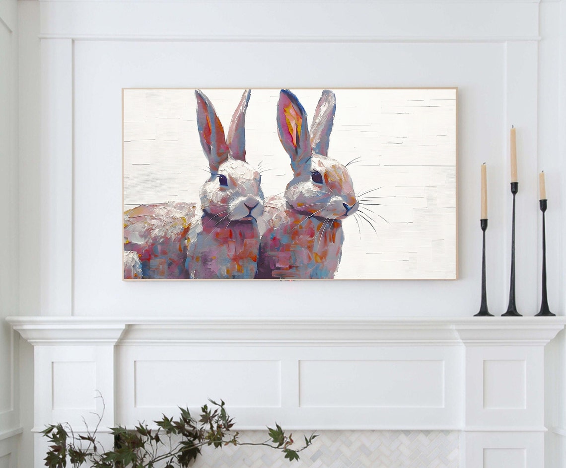 Two White Bunnies Close Up Colorful Textured Painting Poster - Image 4