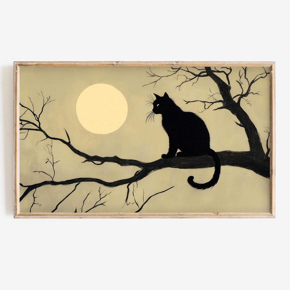 Black Cat Silhouette On Bare Branch Full Moon Vintage Halloween Poster